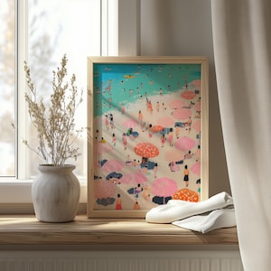 Pastel Beach Scene Print: Vintage Market Umbrellas (Digital Download)