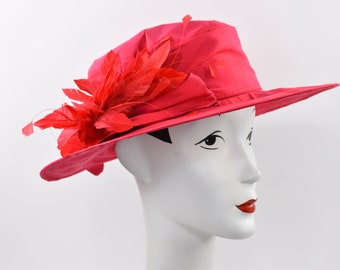 Red silk 1920's art deco  styled large brim hat with feathers,,Haute Couture/Melbourne cup/Dubai Cup/royal ascot
