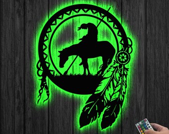 End of the Trail Native American Wall Art LED Lights, Native American Home Decor, Feather Gift for Native American, Southwest Culture, Gift