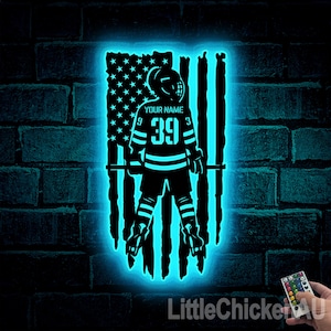 Décoration murale en métal personnalisée pour enfant de hockey, lumières LED, enseigne de hockey personnalisée en métal, décoration murale en métal à LED pour bâtons de hockey, noms de joueur de hockey
