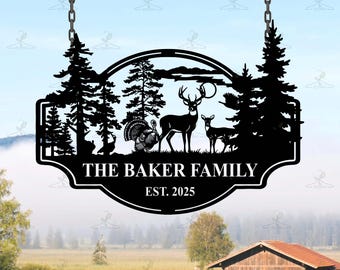 Letrero metálico personalizado de familia de ciervos, arte de pared personalizado para cabaña, decoración de pabellón de caza, letrero de granja para exteriores, placa con nombre familiar, regalo rústico campestre.