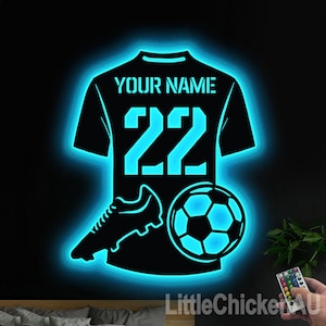 Personalized Soccer Metal Wall Art LED Light Custom Football Player Name Sign Home Decor Kid Nursery Decoration Christmas Birthday Xmas Gift