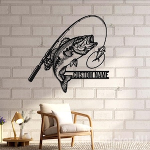 Custom Largemouth Bass Fish Metal Sign, Bass Fishing Name Sign, Fish Pole Decor, Lake House Fishing Wall Art, Fishing Dad Gift, Gift for dad