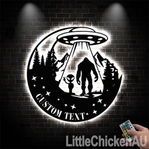 Bigfoot And Alien Metal Wall With LED Light, Bigfoot UFO Decor, Bigfoot Metal Art Bigfoot Forest UFO Sign, House Decor, Housewarming Gift