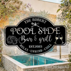 Bar and Grill Metal Wall Decor,Personalized Metal Family PoolSide Bar and Grill Sign,Tiki Bar Sign,Pool Oasis,Sign for Pool Bar, Lake House