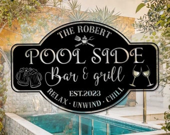 Decoración de pared de metal para bar y parrilla, letrero personalizado de metal para bar y parrilla junto a la piscina, letrero de bar Tiki, oasis de piscina, letrero para bar de piscina, casa del lago