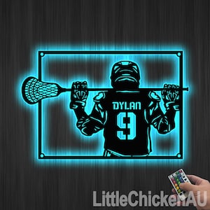 Personalized Lacrosse Player Metal Wall Art LED Light Custom Lacrosse Goalie Name Sign Lacrosse Stick Kid Nursery Decoration Home Decor Gift