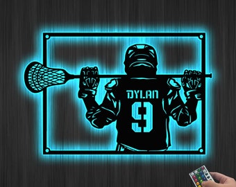 Personalized Lacrosse Player Metal Wall Art LED Light Custom Lacrosse Goalie Name Sign Lacrosse Stick Kid Nursery Decoration Home Decor Gift