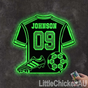 Personalized Soccer Metal Wall Art LED Light Custom Football Player Name Sign Home Decor Kid Nursery Decoration Christmas Birthday Xmas Gift