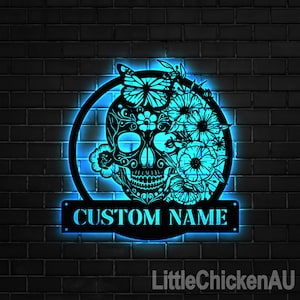 Custom Sugar Skull Metal Led Light, Personalized Skull Wall Art For room, Man Cave Decor,Skull Metal Art, Skull Name Sign,Skull Wall Hanging