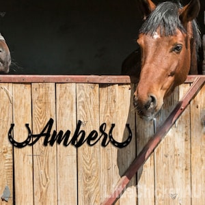 Personalized Metal Horse Stall Name Plate with Horseshoe, Horse Sign, Horse Ranch Decor, Custom Horse Name Sign,Horse Stable Door Name Signs
