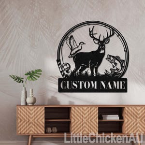 Letrero metálico personalizado de ciervo para pared, letrero metálico para cabaña, regalo de cazador, decoración de caza al aire libre, arte para chimenea, monograma de ciervo personalizado