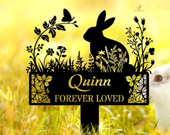 Custom Bunny Memorial Metal Stake, Rabbit Grave Marker with Flowers, Custom Pet Cemetery Metal Stake, Rabbit Garden Decoration, Loss of Pet
