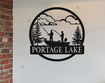 Custom Metal Fishing Boat Scene Name Signs | Outdoor Cabin Decor | Fishing Gift for Men | Outdoorsman Custom Fishing Sign, Fisherman Gift