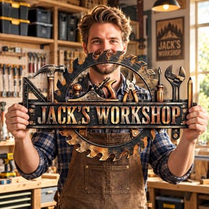 May include: A decorative metal sign featuring a circular saw blade frame with integrated tools including a hammer, plane, pliers, screwdriver, wrench, and pencil. The sign displays the text JACK'S WORKSHOP in bold, weathered, metallic lettering.