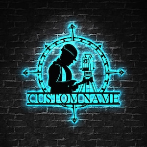 Custom Name Land Surveyor Metal Sign LED Lights, Personalized Surveyor Plaque, Engineering Office Decor,Surveyor Gift for Him,Man Cave Decor