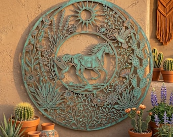 Running Horse Metal Sign, Southwest Desert Wall Art, Hummingbird and Lavender Patio Decor, Round Equestrian Home Gift