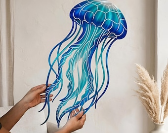 Blue Jellyfish Wall Art, Ocean Inspired Metal Sign, Coastal Home Living Room Decor, Sea Life Decor