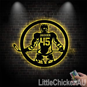 Enseigne de hockey personnalisée en métal, lumières LED, enseigne de hockey, nom de joueur de hockey, enseigne de grotte, décoration de salle de jeux, cadeau pour amateur de hockey, cadeaux uniques