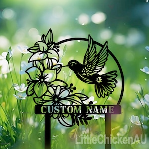 Personalized Hummingbird Metal Garden Stake, Custom Garden Name Sign,Metal Yard Sign, Garden Metal Art, Outdoor Gardening, Garden Decoration