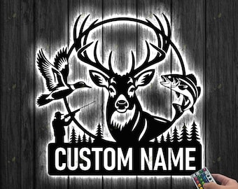 Personalized Hunter Name Sign, Custom Deer Turkey And Bass Fishing Metal Sign, Deer Hunting Fishing Metal Wall Art, Dad Gift, Christmas Gift