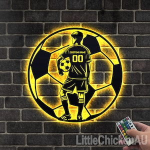 Personalized Soccer Metal Wall Art LED Light Custom Football Player Name Sign Home Decor Kid Nursery Decoration Christmas Birthday Xmas Gift