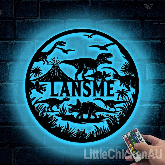 Dinosaur Metal Wall Art with LED Light Personalized Custom Dino Name Sign Home Decor Kid Nursery Decor Prehistoric Animal Christmas Birthday