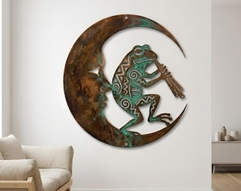 Frog on Moon Metal Wall Art, Celestial Moon Face Decor, Copper Patina Frog Sculpture, Garden Wall Hanging