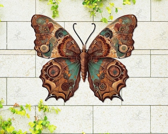 Steampunk Metal Butterfly: Butterfly Wall Sign, Wall Art, Brown Teal Decor, Outdoor Garden Gift for Home