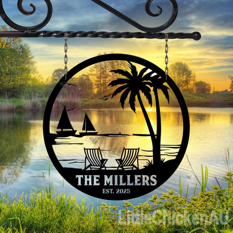 Custom Sunset Beach Sign Metal Monogram Wall Art, Wedding Gift, Family ...