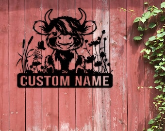 Personalized Baby Highland Cow Farmhouse Metal Wall Art Custom Heifer Farm Name Sign Home Decor Cow Barn Nursery Decoration Farmer Sign gift