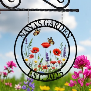 Personalized Floral - Butterfly Decor,Custom Name Garden Stake,Colorful Meadow & Butterfly Yard Decor,Flower Garden Welcome Sign,Poppies Art