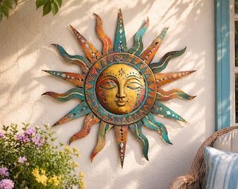 Metal Sun Wall Art, Mexican Style Sun Face Decor, Outdoor Garden Sun Sculpture