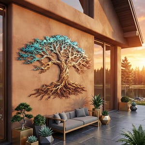 May include: A large metal wall sculpture of a tree with intricate branches and roots. The trunk and roots are a warm bronze color, while the upper canopy features a vibrant turquoise patina. The artwork is mounted on a smooth, light brown wall.