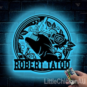 Personalized Tattoo Machine Metal Sign with LED Light, Tattoo Artist Gift, Tattoo Shop Decoration, Tattoo Studio Wall Decor, Ink Studio Name