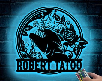 Personalized Tattoo Machine Metal Sign with LED Light, Tattoo Artist Gift, Tattoo Shop Decoration, Tattoo Studio Wall Decor, Ink Studio Name