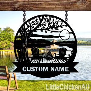 Lakehouse Sign, Tree Chairs Dock on Lake House Scene Sunset sign, Lakehouse Gift,Lakehouse Decor,Custom Family Name Sign,Outdoor Metal Sign