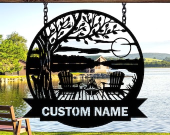 Lakehouse Sign, Tree Chairs Dock on Lake House Scene Sunset sign, Lakehouse Gift,Lakehouse Decor,Custom Family Name Sign,Outdoor Metal Sign