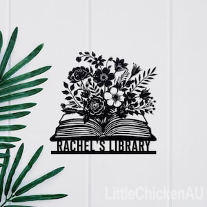 Arte de metal con libro y flores personalizado, regalo personalizado para amantes de los libros, arte mural literario, arte mural de metal para lectores, decoración personalizada para sala de lectura.
