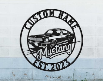 Letrero de garaje colgante personalizado Letrero de metal de acero, regalo Mustang, arte de pared Mustang, arte de pared de automóvil, garaje Mustang, letrero de garaje personalizado, regalo del Día del Padre