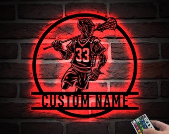 Personalized Lacrosse Sign Metal Wall Art Led Light,Lacrosse Sticks and Helmet, Lacrosse Player Gift Xmas Birthday Gift, Lacrosse Home Decor