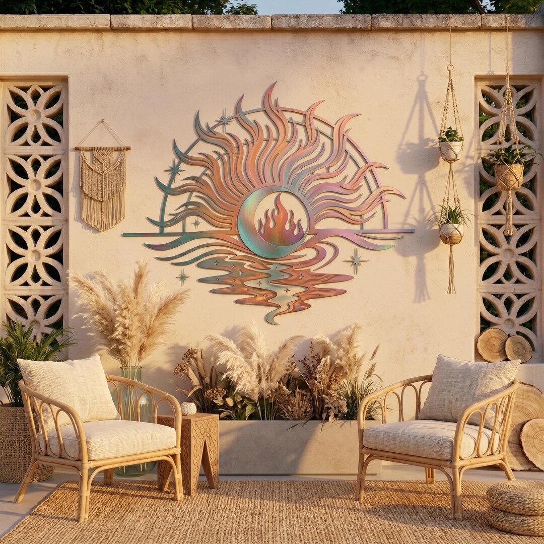 Celestial Sun and Moon Wall Art, Fire Moon Metal Decor, Boho Outdoor ...