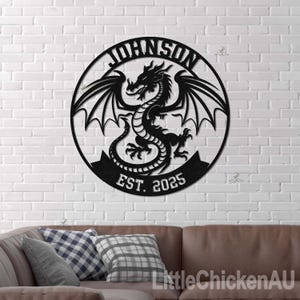 Personalized Dragon Family Name Sign, Dragon Silhouette Metal Art , Customizable Dragon Wall Art , Dragon Name House Sign , Dragon Wall Art