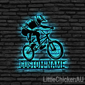 Personalized BMX Bike Metal Wall Art with LED Lights Custom Bicycle Racing Name Sign Home Decor Biker Decoration Boy Girl Birthday Xmas Gift