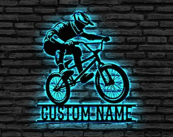 Personalized BMX Bike Metal Wall Art with LED Lights Custom Bicycle Racing Name Sign Home Decor Biker Decoration Boy Girl Birthday Xmas Gift