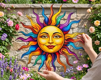 Colorful Sun Face Wall Art, Celestial Outdoor Metal Sign, Vibrant Garden Decor