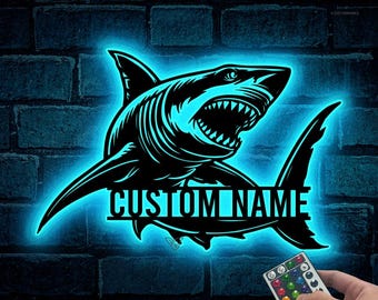 Personalized Great White Shark LED Sign, Custom Name Metal Wall Decor,Ocean Animal Art,Beach House Sign,Ocean Theme Decor,Ocean Animal Decor