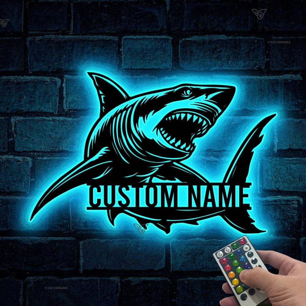 Shark Led Sign Personalized Great White Shark LED Sign, Custom Name Metal Wall Decor ...