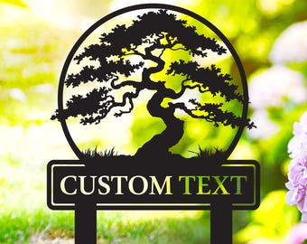 Personalized Bonsai Tree Garden Sign with Stake,Metal Bonsai Garden Stake,Custom Garden Stake,Metal Asian Yard Art,Yard Sign,Yard Decoration