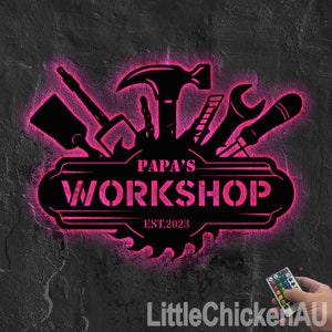 Personalized Fathers Day Sign Workshop Sign Wall Art LED Papas Work ...